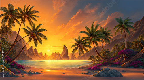 Illustration of a tropical bay with palm trees  beach  sea and mountains at sunset. AI Generative.