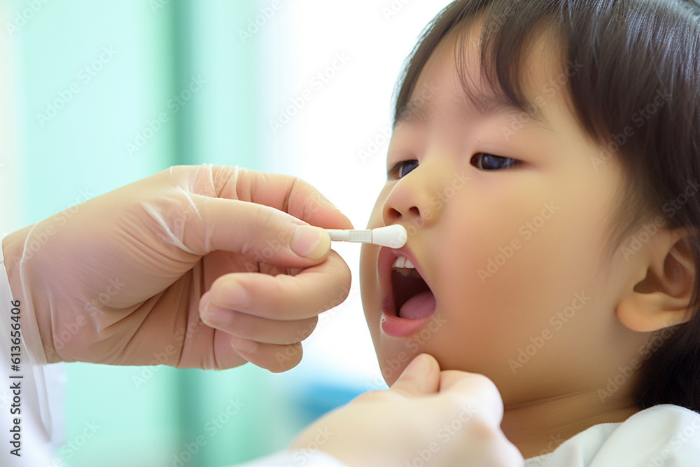 Doctor examining a child's throat with a tongue depressor, doctor, hospital Generative AI Doctor examining a child's throat with a tongue depressor, doctor, hospital Generative AI