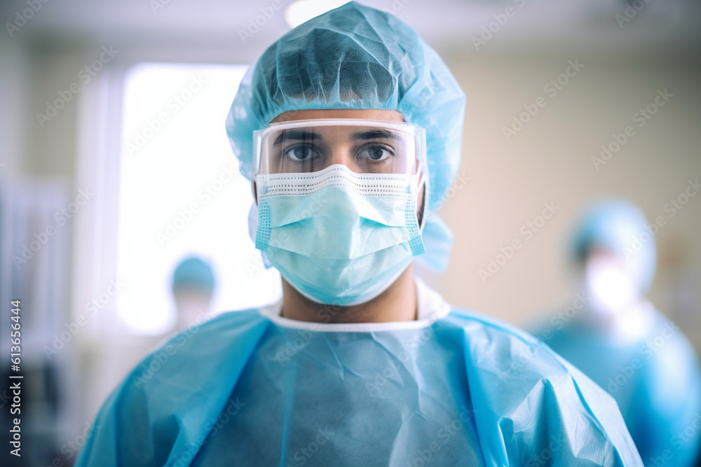 Portrait of a doctor wearing a mask and protective gear in a surgical room, doctor, hospital Generative AI Portrait of a doctor wearing a mask and protective gear in a surgical room, doctor, hospital Generative AI