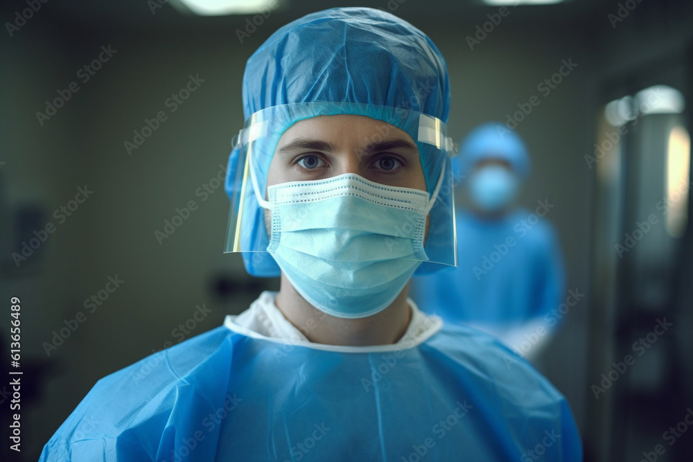 Portrait of a doctor wearing a mask and protective gear in a surgical room, doctor, hospital Generative AI Portrait of a doctor wearing a mask and protective gear in a surgical room, doctor, hospital Generative AI