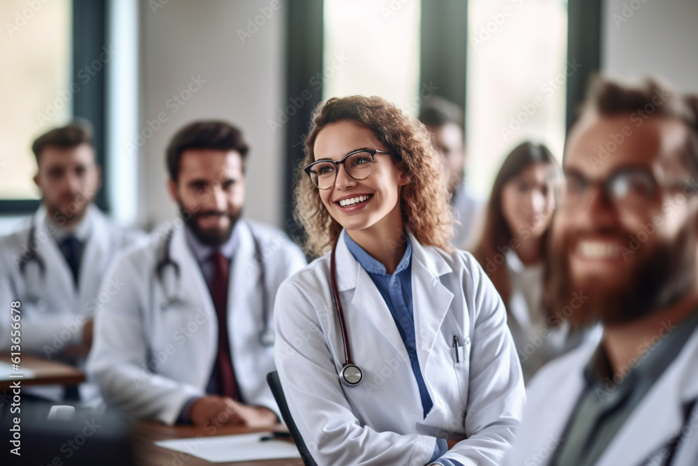 Fototapeta premium Smiling doctor interacting with a group of medical students during a lecture, doctor, hospital Generative AI