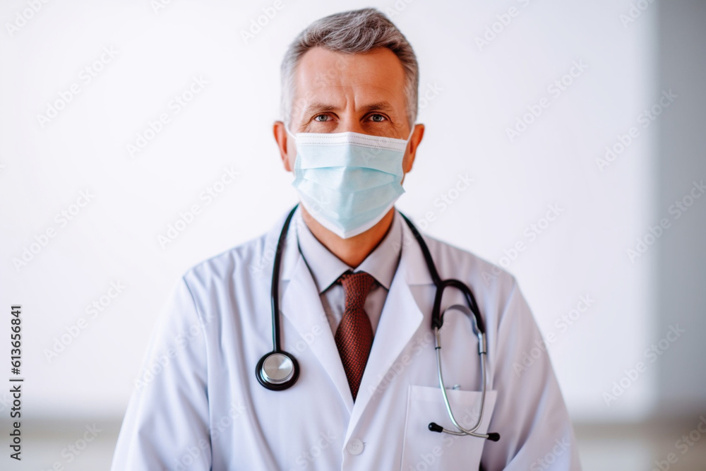 Portrait of a doctor holding a stethoscope and wearing a mask, representing the dedication of healthcare professionals, doctor, hospital Generative AI
