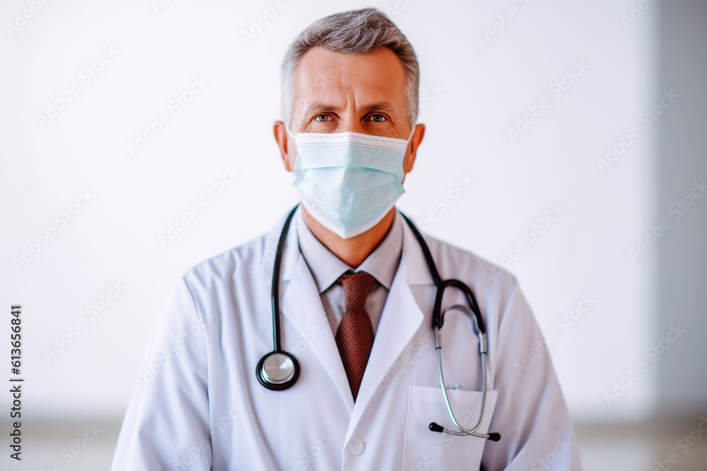 Portrait of a doctor holding a stethoscope and wearing a mask, representing the dedication of healthcare professionals, doctor, hospital Generative AI Portrait of a doctor holding a stethoscope and wearing a mask, representing the dedication of healthcare professionals, doctor, hospital Generative AI