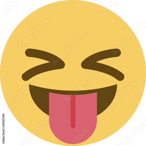 Top quality emoticon. Taunting emoji. Squinting face, grin with tongue out and scrunched eyes. Yellow face emoji. Popular element.
