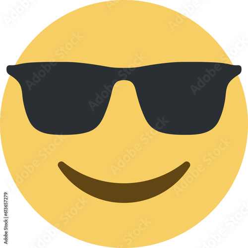 Top quality emoticon. Cool emoticon. Smiling face with sunglasses emoji. Happy smile person wearing dark glasses. Yellow face emoji. Popular element.