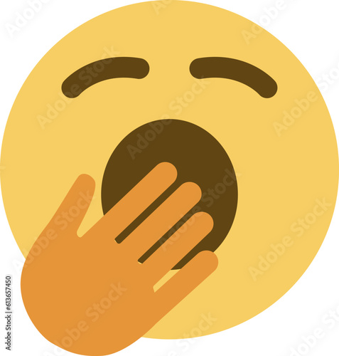 Top quality emoticon. Yawning emoji. Bored or sleepy emoticon, yellow boredom face with mouth covered by hand. Yellow face emoji. Popular element.