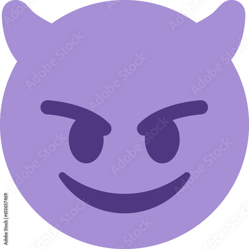 Top quality emoticon. Evil devil emoji. Happy purple emoticon with devil horns. Yellow face emoji. Popular element.