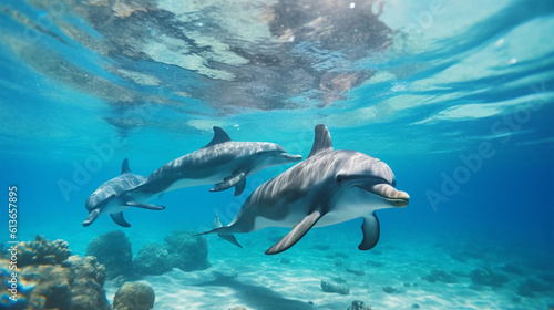 A happy family of dolphins swimming in the ocean  underwater photography.