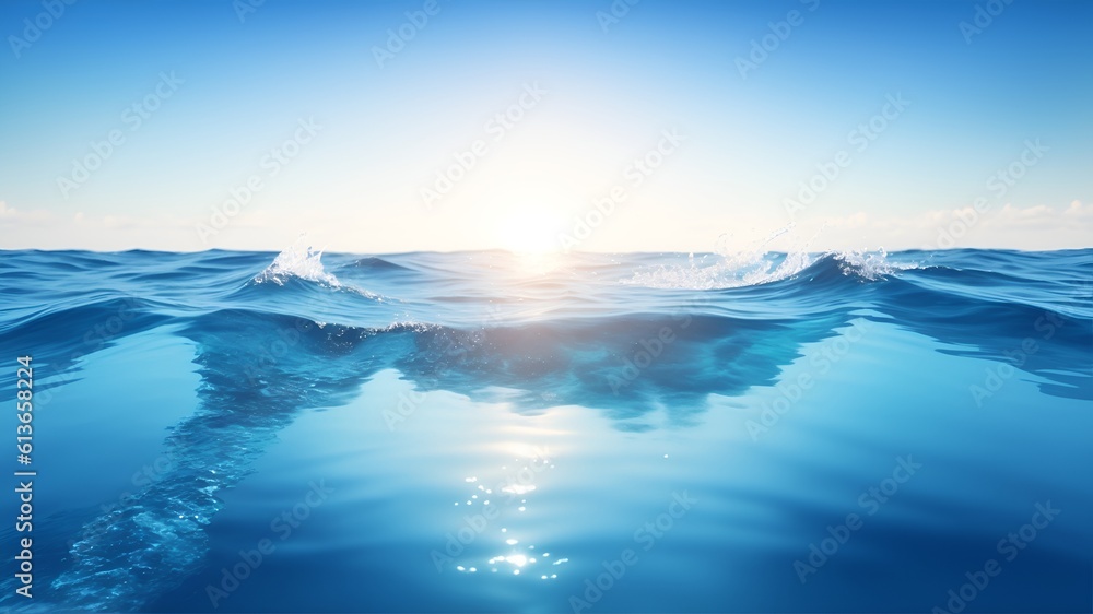 Blue sea ocean pool water surface and underwater with sunny and cloudy sky -Generative Ai