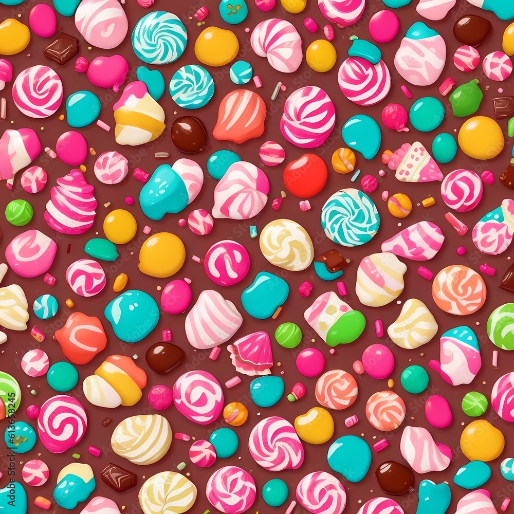 Fototapeta premium Enter the AI-Generated Candy Wonderland: A Sweet Delight of Candy Canes, Lollipops, and Hard Candies in a Colorful Illustration