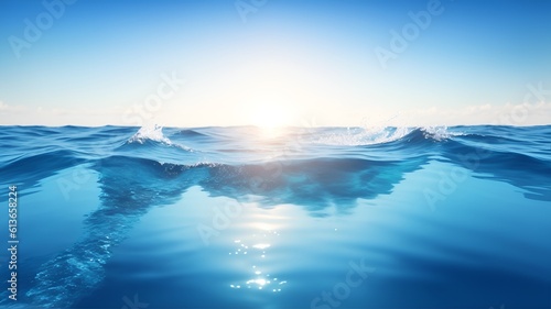Blue sea ocean pool water surface and underwater with sunny and cloudy sky -Generative Ai