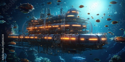 an underwater research station colonizing the depths of another planet in a Science-themed  horizontal format in JPG. Generative AI
