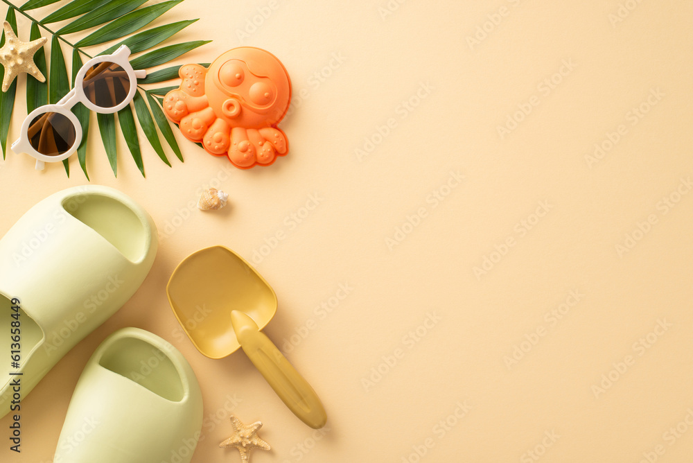 Peaceful beach vacation with infant. Top view composition showcasing playthings, sandcastle accessories, shades, comfy slippers, shell, starfish, palm leaf, calming beige surface. Great for text or ad Peaceful beach vacation with infant. Top view composition showcasing playthings, sandcastle accessories, shades, comfy slippers, shell, starfish, palm leaf, calming beige surface. Great for text or ad