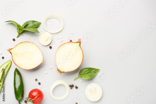 Fresh onion, jalapeno, tomato and spices on light background