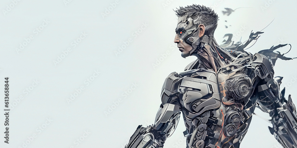 A strong and powerful humanoid robot stands on an isolated background. Generative AI
