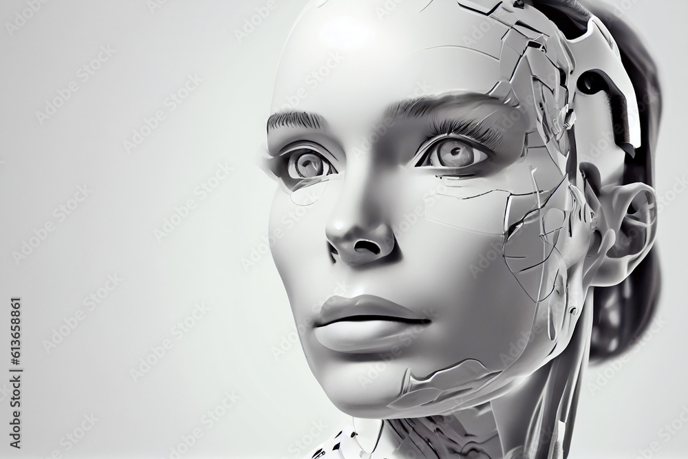 The face of a humanoid robot on an isolated background and close-up. Generative AI The face of a humanoid robot on an isolated background and close-up. Generative AI