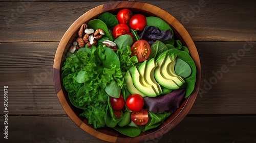 healthy salad bowl top view wood background Generative AI