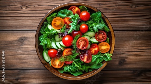 Photo healthy salad bowl top view wood background A professional photography should use a high - quality Generative AI