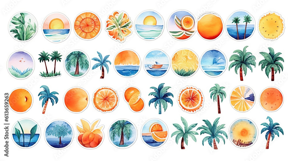 watercolor stickers set of summer elements, generative ai watercolor stickers set of summer elements, generative ai