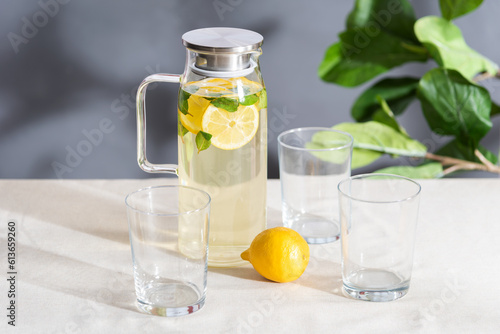 A pitcher of clear, refreshing water is surrounded by several glasses filled with slices of lemon and sprigs of mint