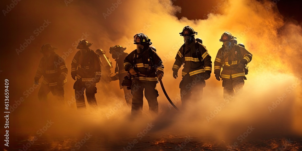 Courageous Firefighters in a fiery scene, in full PPE, in a horizontal format in JPG. Generative AI