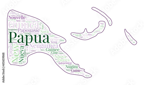 Papua New Guinea shape filled with country name in many languages. Papua New Guinea map in word cloud style. Awesome vector illustration.