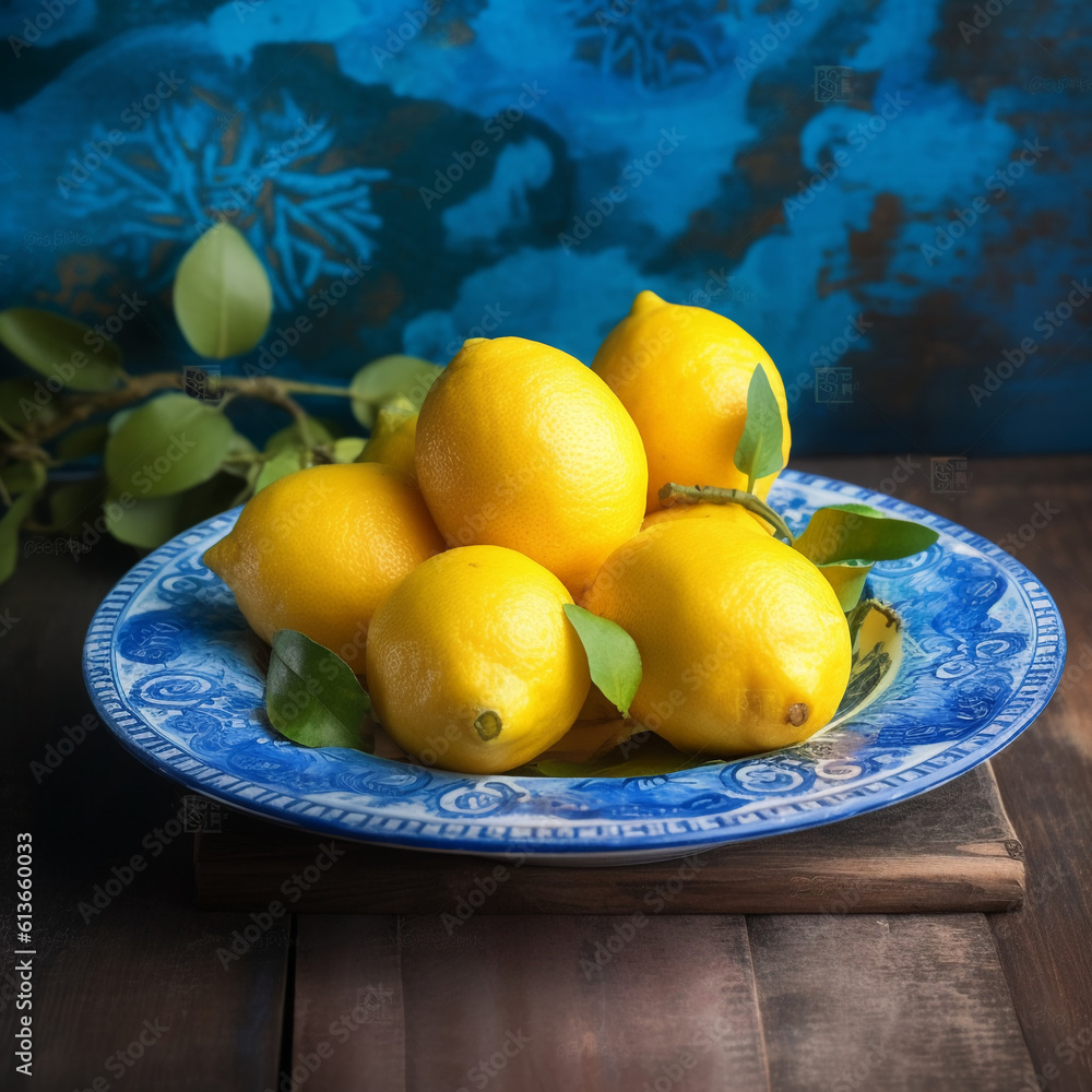 lemons in a bowl. bright juicy lemons in a blue plate. still life. food. Turkish motives. Spain. Italy. Sicily. citrus  Ai generation 