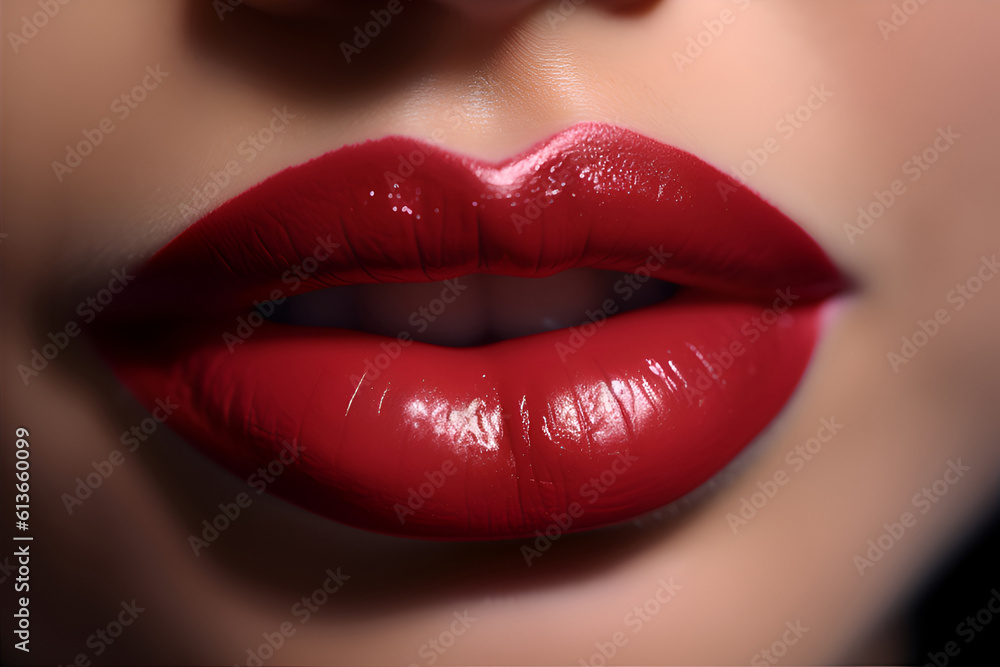 Female lips with red lipstick close up. Generative AI. Female lips with red lipstick close up. Generative AI.