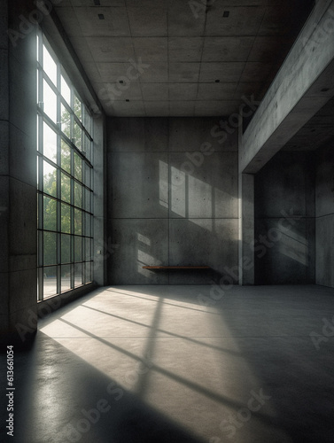 Empty brutalist room with no furniture, created with generative AI technology