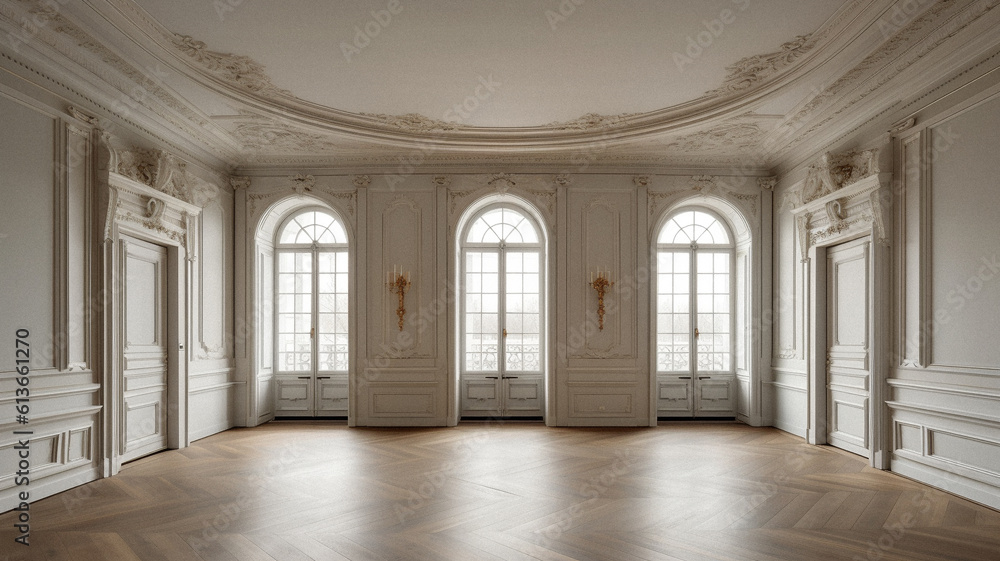 Empty baroque room with no furniture, created with generative AI technology