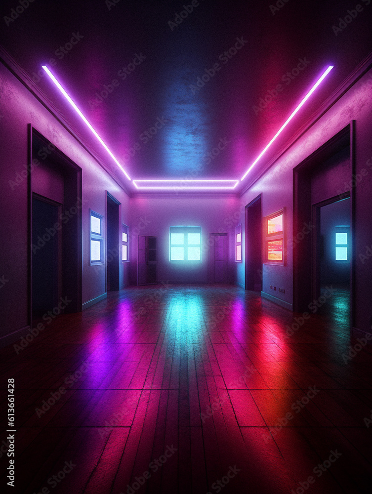 Empty neon room in neon lighting with no furniture, created with generative AI technology