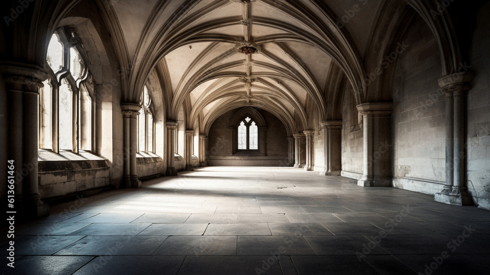 Empty gothic room with no furniture, created with generative AI technology