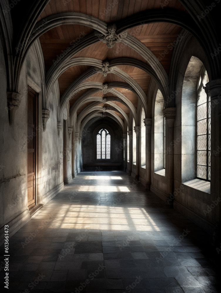 Empty gothic room with no furniture, created with generative AI technology