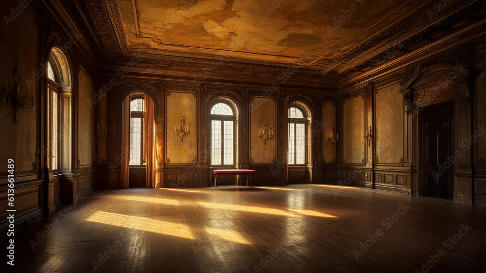 Empty renaissance room with no furniture, created with generative AI technology