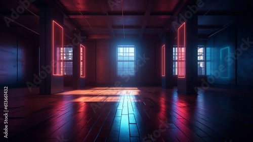 Empty neon room in neon lighting with no furniture, created with generative AI technology