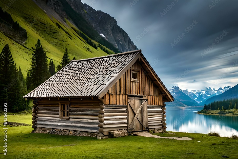 mountain hut in the mountains   generated by AI technology 