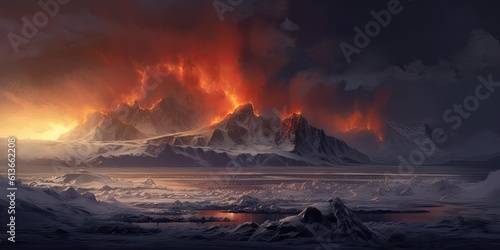 volcanic eruptions in Antarctica, in heavy snow, Environment-themed, horizontal format in JPG. Generative AI