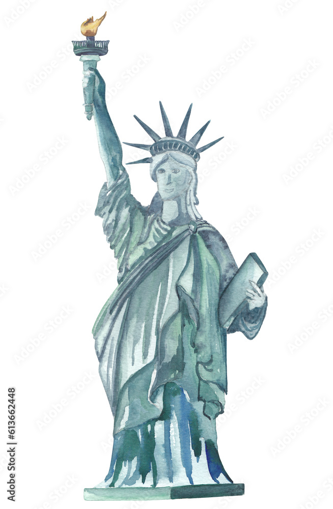 Naklejka premium USA watercolor Statue of liberty illustration on transparent background. 4th of July, United States monument. Greeting card, travel flyer, party invitation. Hand painted 