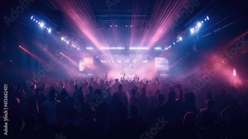 Crowd of people at a live event at concert or party  Large audience  crowd  or participants of a live event venue with bright lights above.