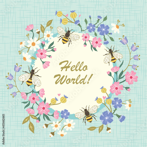 Honey bees and colorful little ditsy flowers on a blue background with texture. Circle vector design.