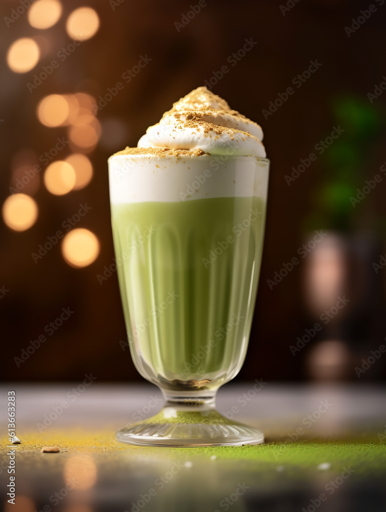 A glass of matcha dessert with whipped cream A glass of matcha dessert with whipped cream