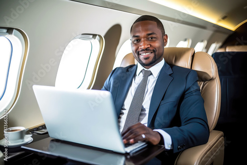 African american businessman in private jet, laptop, boss, entrepreneur, ceo, luxury jet, remote work, diversity, millionaire, success © OpticalDesign
