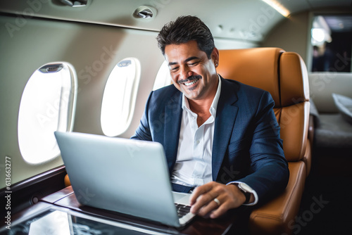 Latino businessman in private jet, laptop, boss, entrepreneur, ceo, luxury jet, remote work, diversity, millionaire, success © OpticalDesign