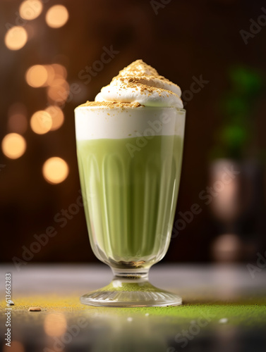 A glass of matcha dessert with whipped cream