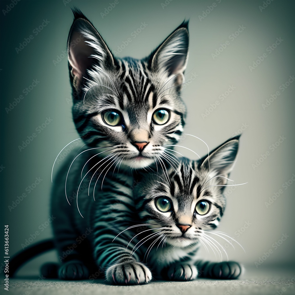 studio portrait of playful grey and white kitten playing with small toy against a light grey background studio portrait of playful grey and white kitten playing with small toy against a light grey background