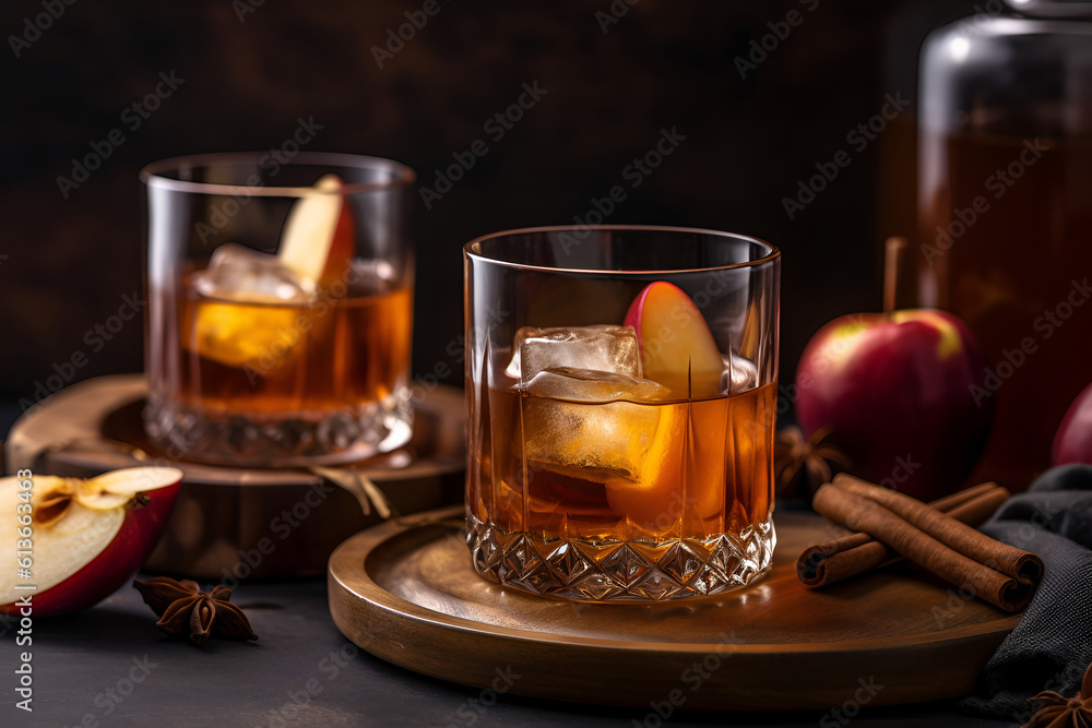 Apple cider old fashioned alcohol cocktail front view. AI generated - obrazy, fototapety, plakaty 