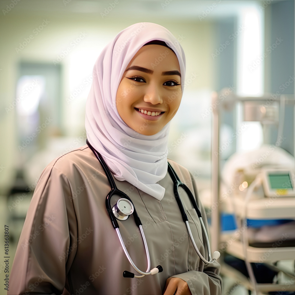 A nurse wearing hijab in hospital. Generative AI A nurse wearing hijab in hospital. Generative AI