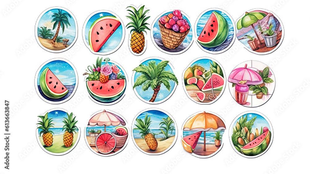 watercolor stickers set of summer sea beach harbour port elements, generative ai