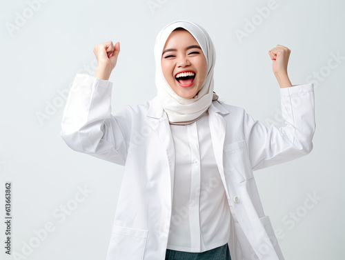 Female doctor with hijab and lab coat feeling excited. Generative AI