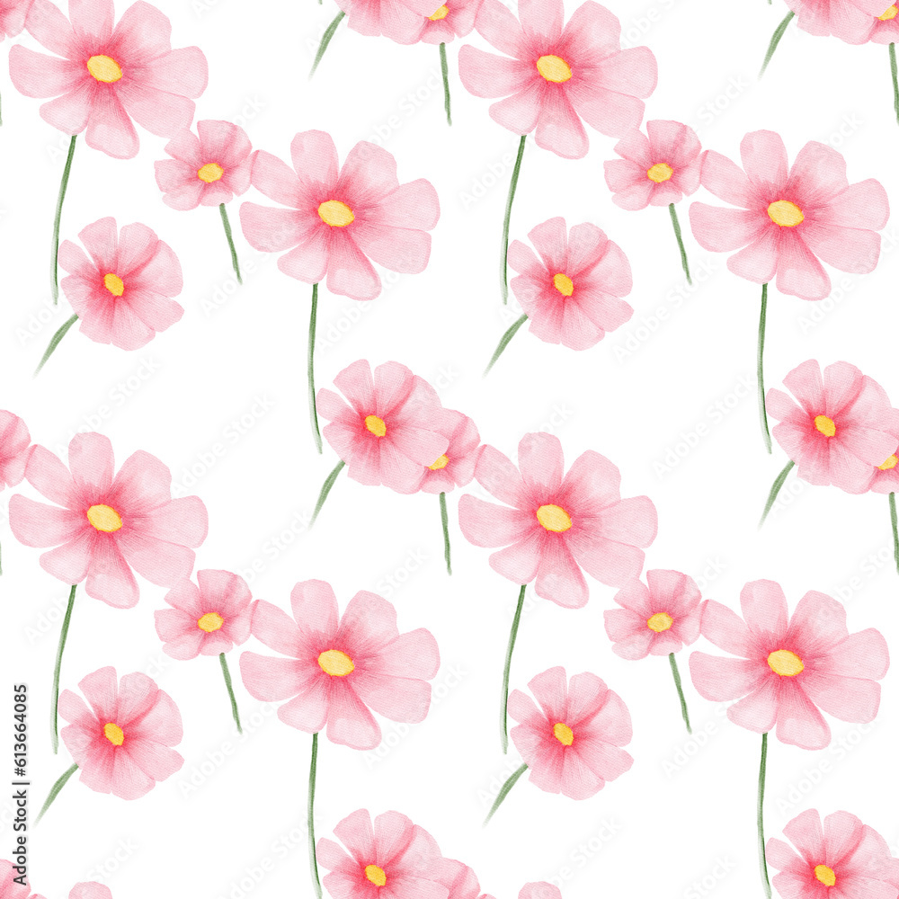 Pink watercolor flowers seamless pattern on white